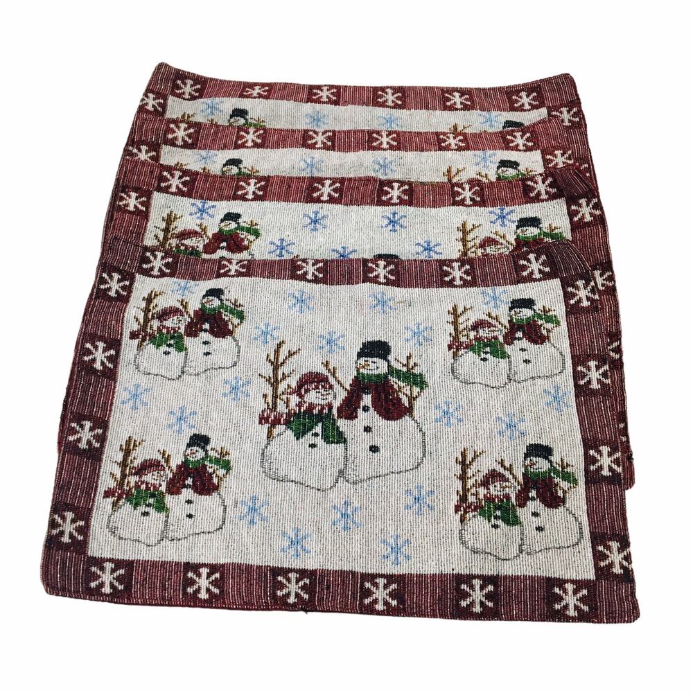 Vtg. Glistening Winter Wonderland Tapestry Placemats Set of 4 Snowman Snowflakes